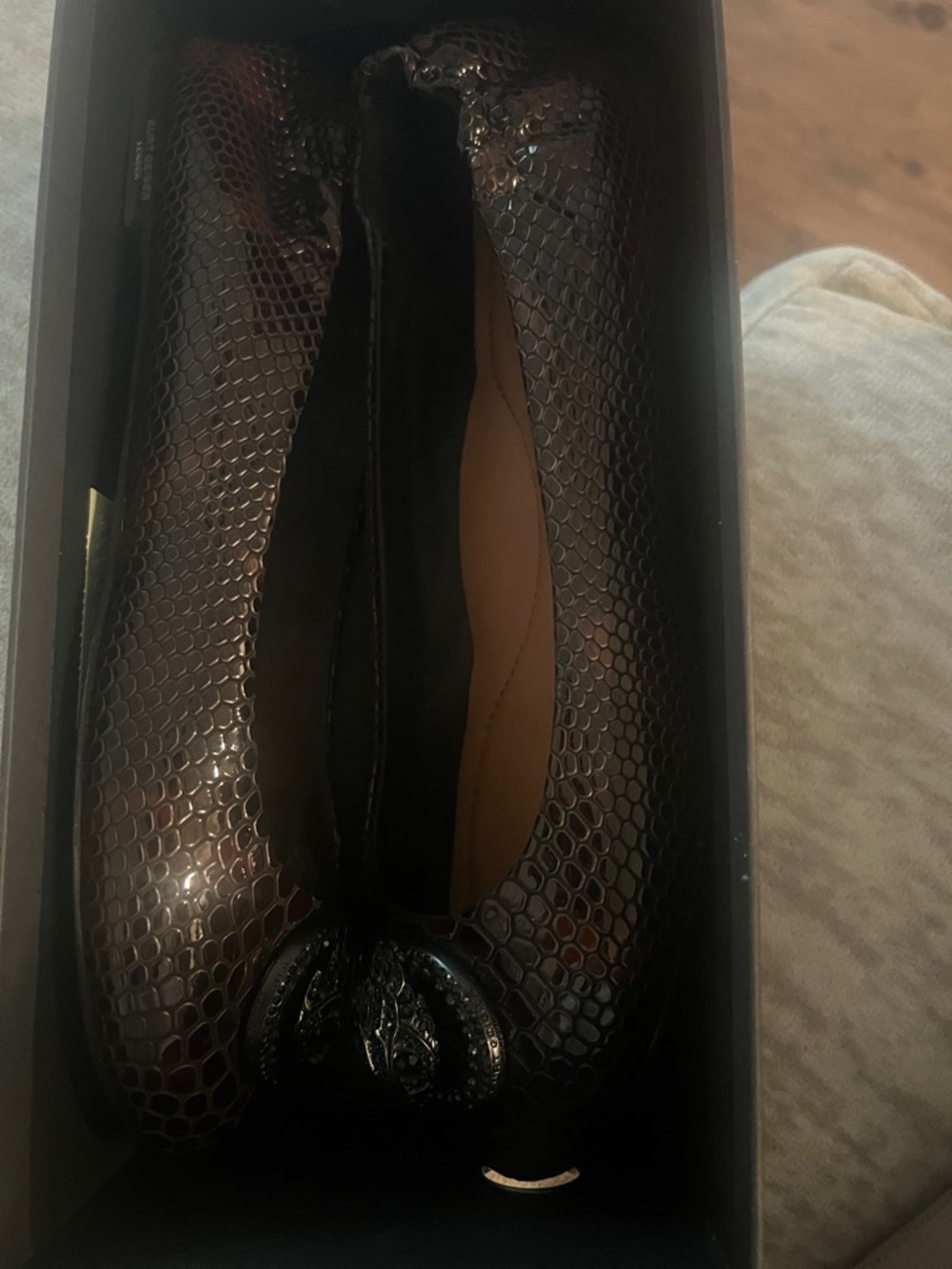 Kurt Geiger Black Brown Snake-Effect Ballet Flats